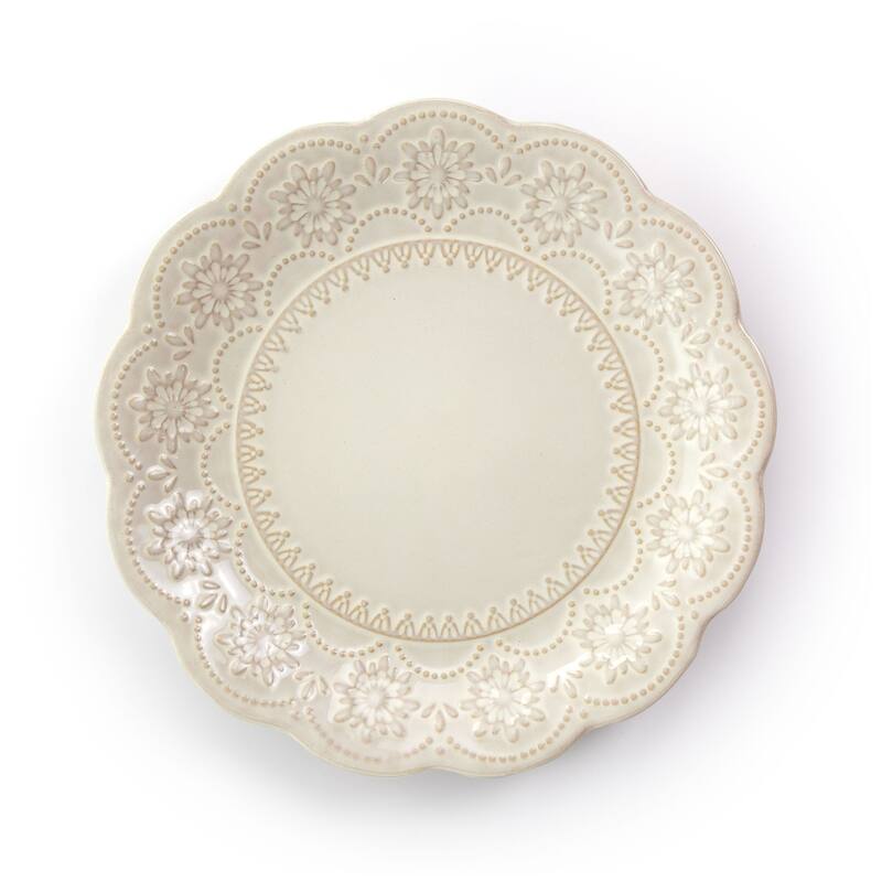 Doily Pattern Stoneware Dinnerware 16 Piece Set in Egg Shell