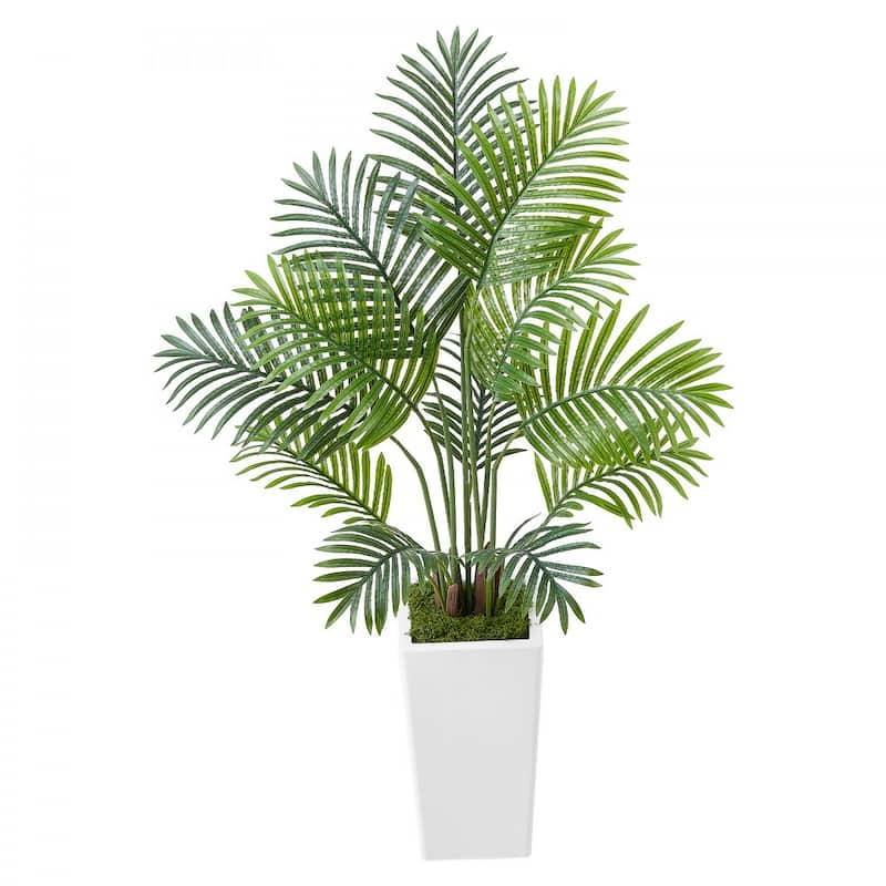 Green Lifelike Faux Areca Palm Tree with Moss-Covered Planter for Indoor Plant Decoration