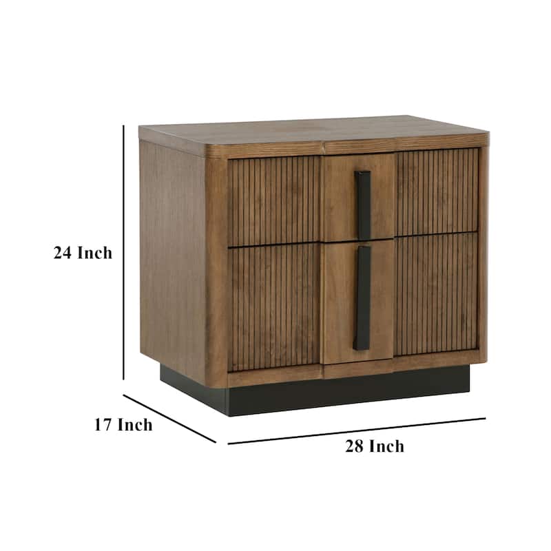 Reon Nightstand, 2 Drawers, Decorative Reeded Ash Brown Black Wood