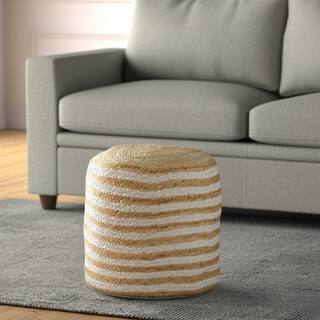 HomeRoots 18" Natural And White Jute Blend Cylinder Striped Pouf Ottoman