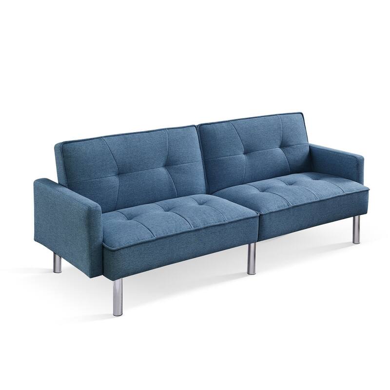 HomeRoots 85" Blue Polyester Blend Convertible Futon Sleeper Sofa And Toss Pillows With Silver Legs - 85