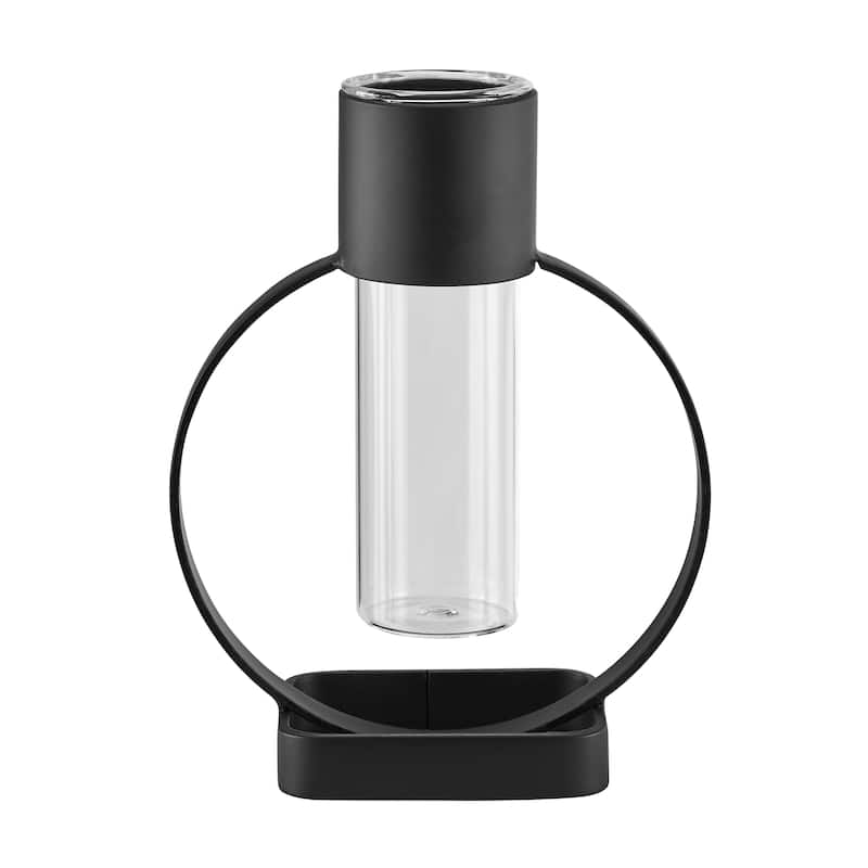 Danya B. Jacob Modern Black Metal Open Circle Pedestal Clear Glass Tabletop Vase