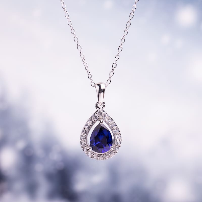 Miadora Sterling Silver Pear-cut Created Blue and White Sapphire Halo Teardrop Necklace and Stud Earrings 2-Piece Set