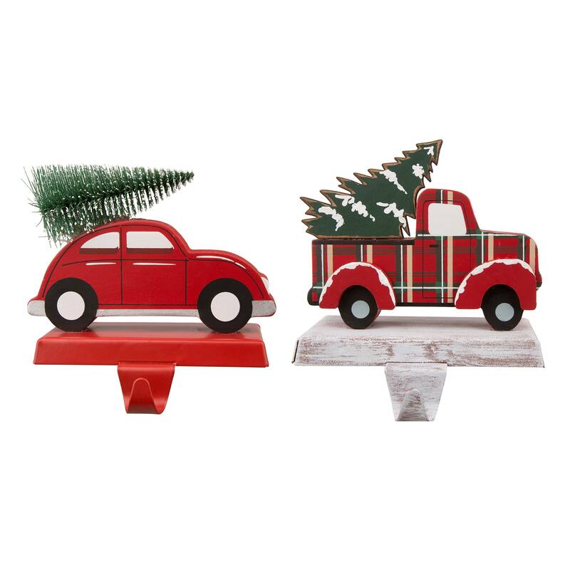 Glitzhome Christmas Dachshund Reindeer Red Car Stocking Holders Rustic Mantel Ornament