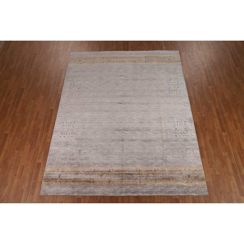 Gabbeh Oriental Area Rug Handmade Grey Silk Carpet - 7'8" x 9'9"