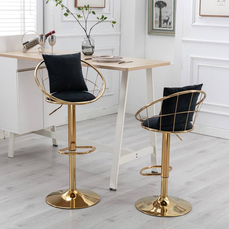 Velvet Swivel Bar Stools Set of 2, Upholstered Kitchen Island Stools with Back and Footrest, Counter Barstools with Pillow