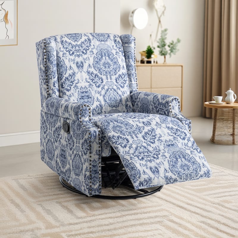 UIXE Roderich Farmhouse Floral Print Swivel Rocker Push Back Recliner - Navy
