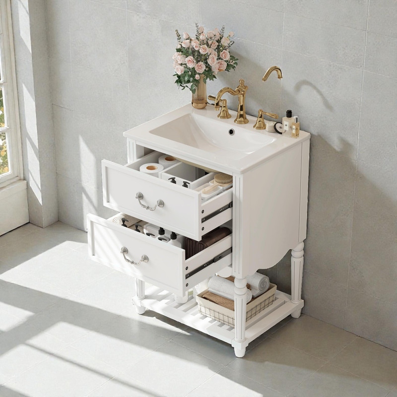 24'' Vintage Bathroom Vanity with Ceramic Sink, Freestanding Cabinet with 2 Drawers, Open Shelf