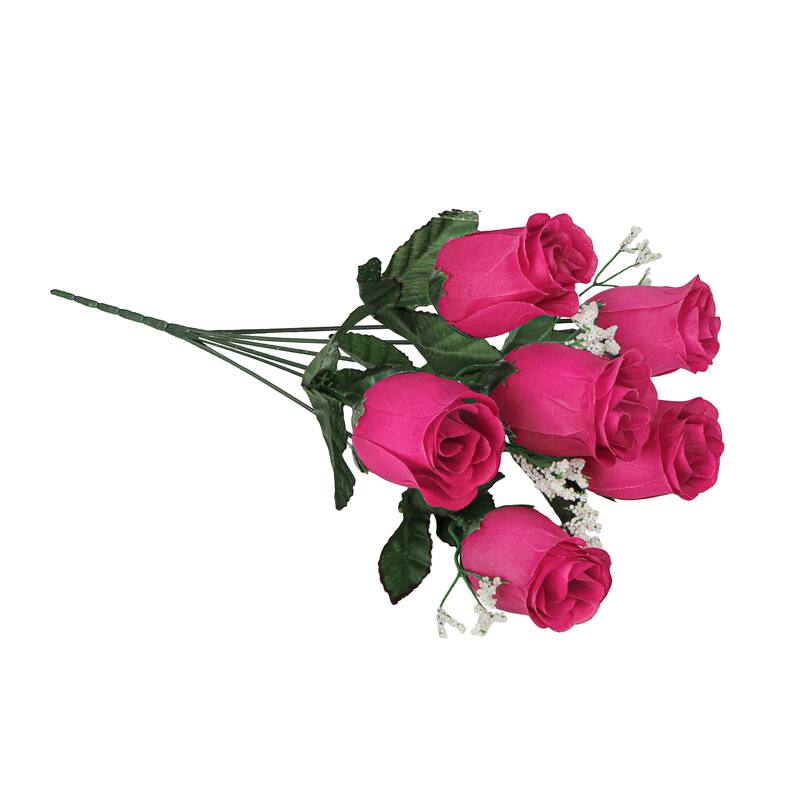 Set of 12 Hot Pink Artificial Rose Bud Flower Stem Bush Bouquet 14in - 14" L x 6" W x 6" DP