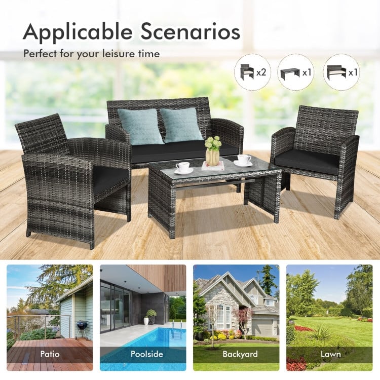 4 Pieces Patio Rattan Furniture Set with Glass Table and Loveseat - 43.5" x 25"x 31" (L x W x H)
