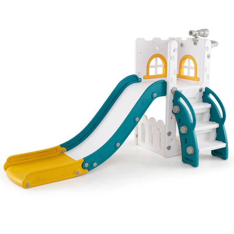 6 in 1 Toddler Slide and Playset for Kids with Basketball Hoop Climber Telescope and Storage - 27" x 57" x 33.5" (L x W x H) - Yellow