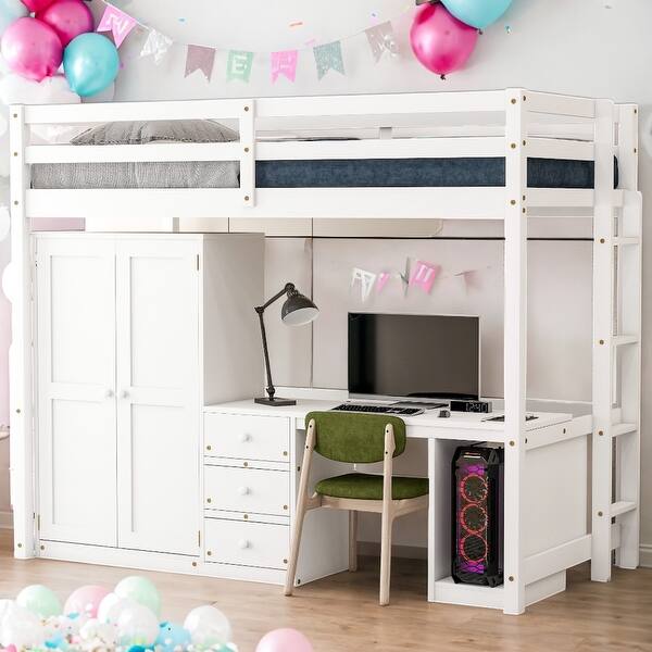 slide 2 of 9, Kids and Baby Twin Size Loft Bed with Wardrobe,Desk and Storage Drawers For Home White