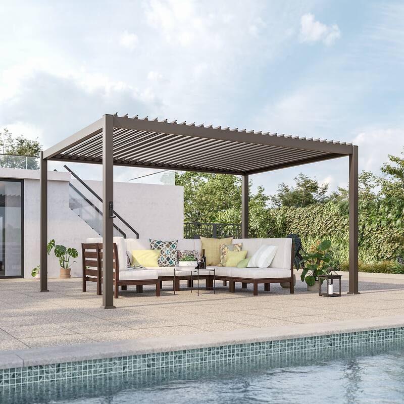 Aluminum Steel Pergola, Outdoor Pergola with Adjustable Roof - 10x13FT - Brown