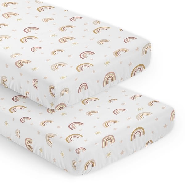 slide 2 of 6, Boho Rainbow Girl 2pc Fitted Crib Sheets Blush Pink Yellow Tan Bohemian Modern Neutral Vintage Dusty Rose Gold Mauve Taupe Beige