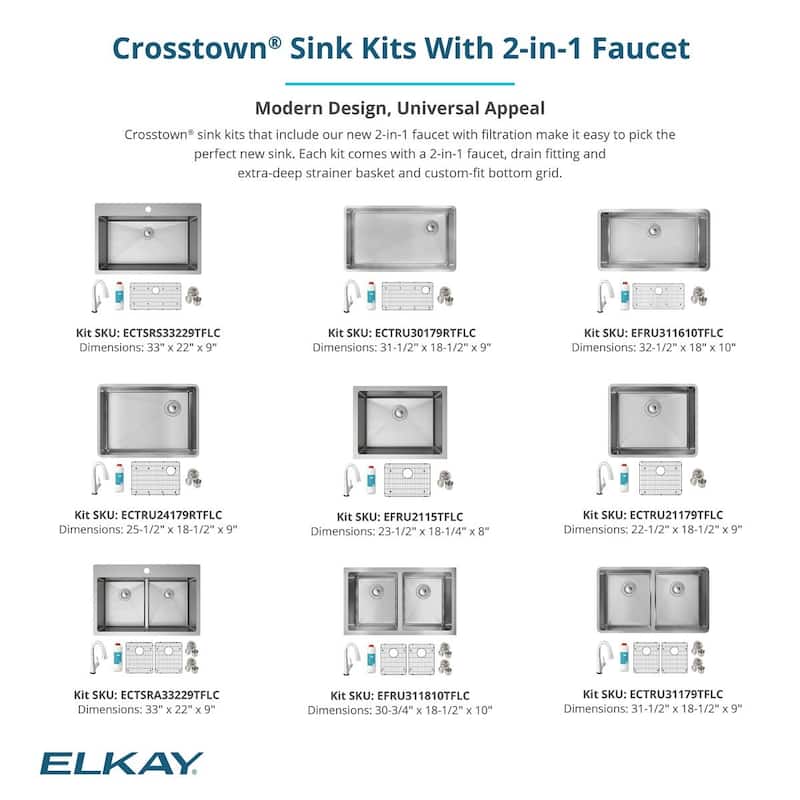 Elkay Crosstown 18 Gauge Stainless Steel 31-1/2" x 18-1/2" x 9", Single Bowl Undermount Sink Kit with Filtered Faucet