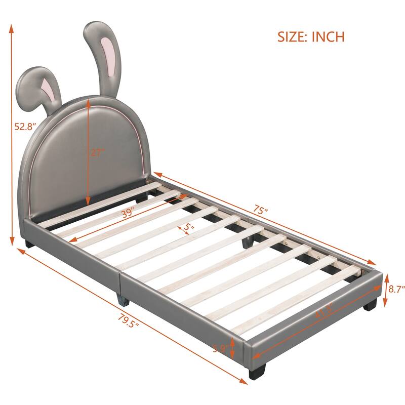 Adorable Twin/Full Upholstered Platform Bed with Rabbit Design, PU Leather, Sturdy Wood Frame, No Box Spring Needed