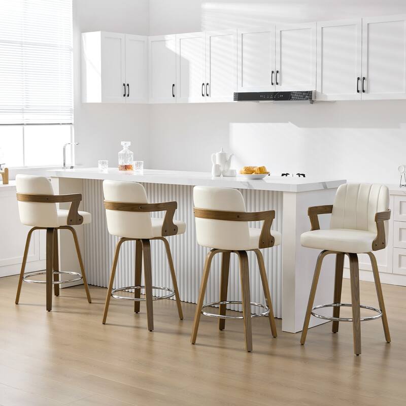 Upholstered Swivel Barstool with Arms and Bentwood Legs - 40.8"H x 18.9"W x 19.5"D/19.3"D