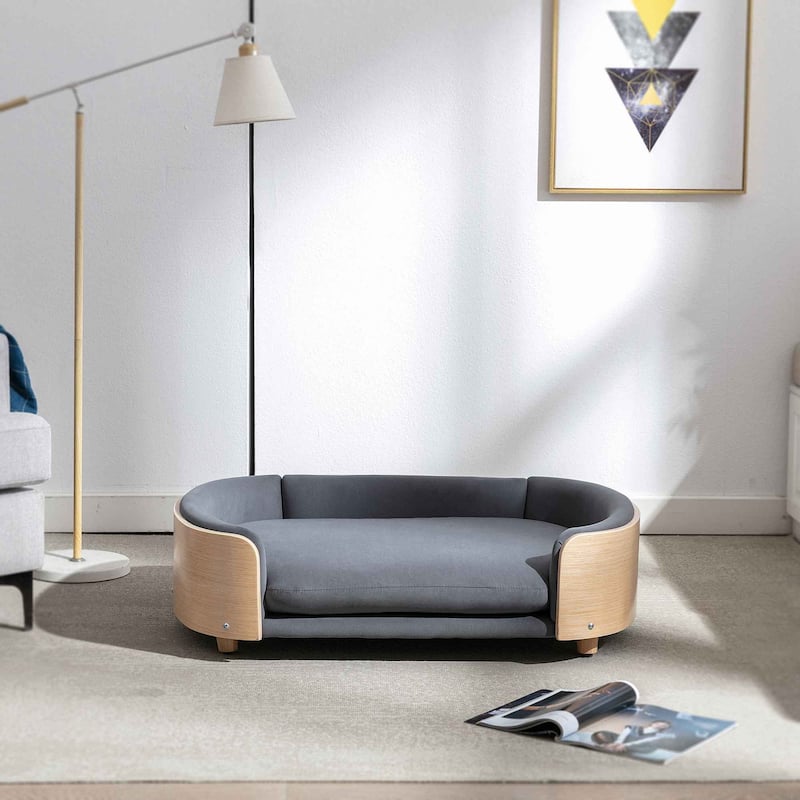 Dog Bed Pet Sofa With Solid Wood legs and Bent Wood Back, Velvet Cushion, Large Size