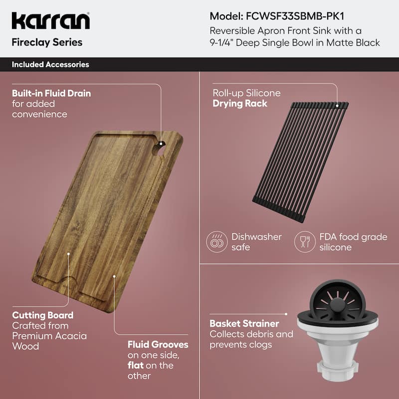 Karran 33" Single Bowl Workstation Fireclay Kitchen Sink with Reversible Fluted Apron Front
