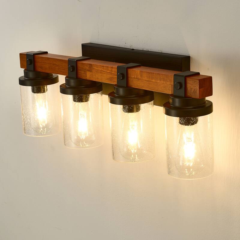 4-Light -Matte Black And Wooden Wall Lamps With Glass Lamp Shade (No Bulbs) For Dinning Room Hallway Bedroom