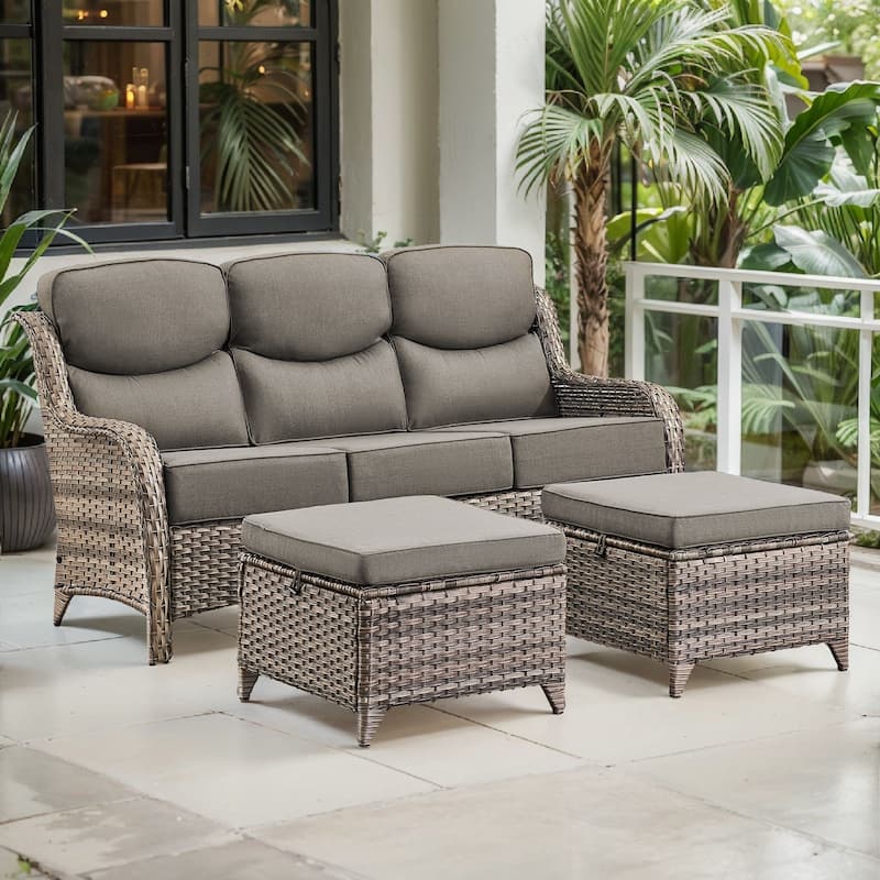 Arcadia 3-Seat Wicker Patio Sofa with 6-Inch Thick Cushions and 2 Ottomans - Gray Cushions - Gray Wicker