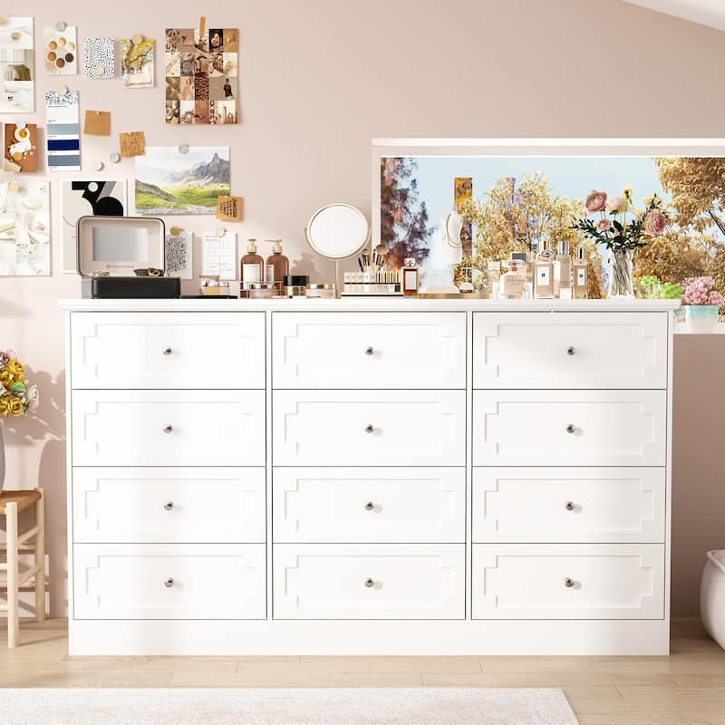 Modern 12-Drawer White Wooden Dresser for Bedroom and Living Room Storage