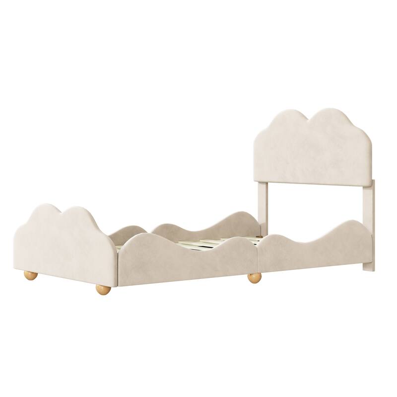Twin Upholstered Platform Bed with Cloud-Shaped Headboard and Playful Design, Sturdy Frame for Kids