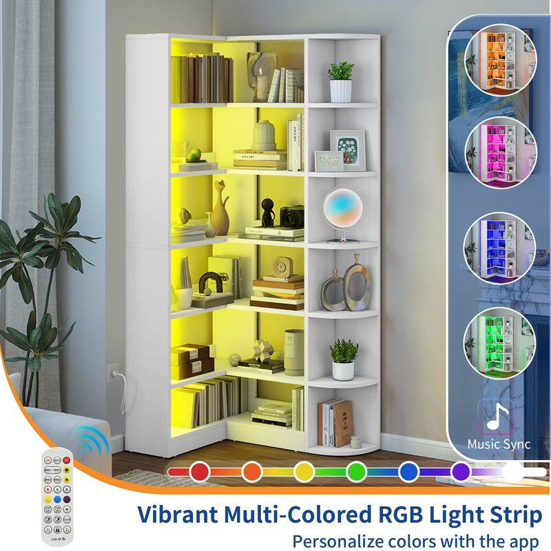 Moasis 70"H 6-Tier Corner Bookshelf L-Shaped Bookcase with LED Lights for Living Room