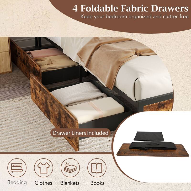 E-MOTIE Full/Queen Bed Frame With Storage Headboard & Drawers – LED Lights