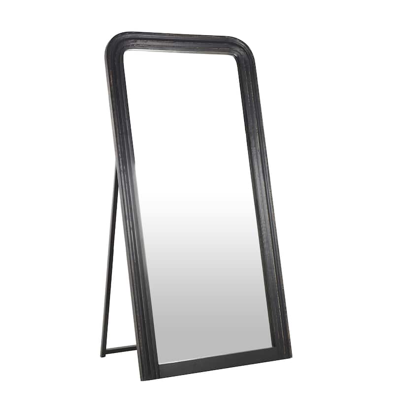 Mango Wood Distressed Room Floor Mirror with Carved Grooves - Black or Brown - Roche River Decor