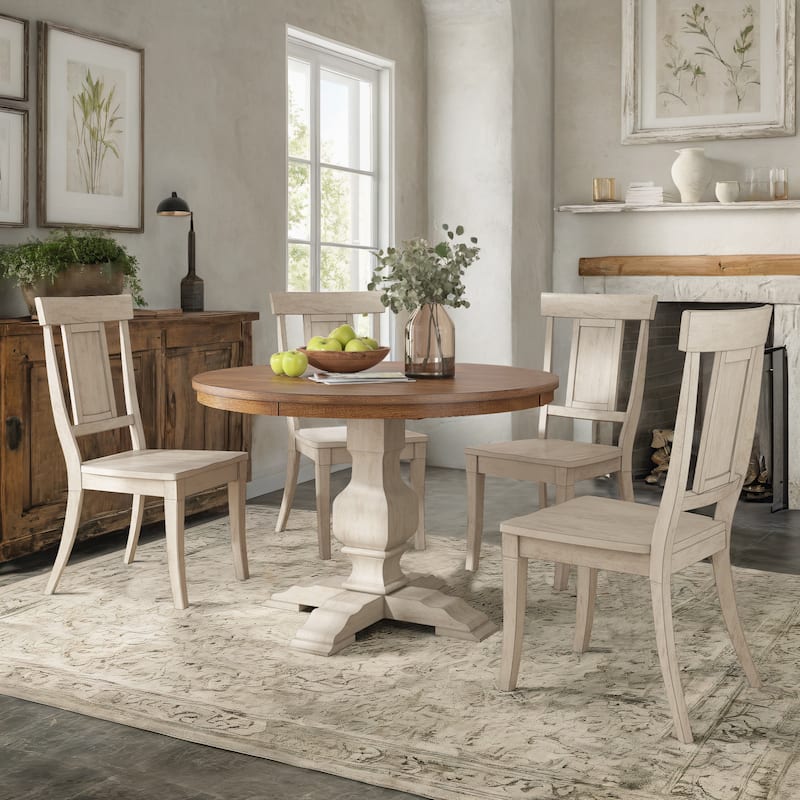 Ronda 45" Round Solid Wood Top Dining Set with Panel Back Chairs - Antique White Table - Antique White Chairs