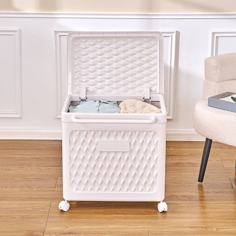 Javlergo White Rolling Laundry Cart with Lid & Wheels 80L Large Capacity Hamper 360° Swivel Wheels with Brakesfor Laundry