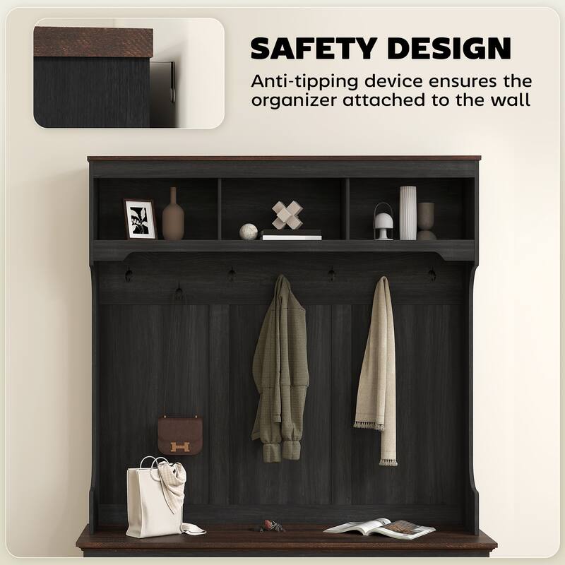 3-in-1 Farmhouse Hall Tree with Bench, Coat Hooks & Shoe Storage