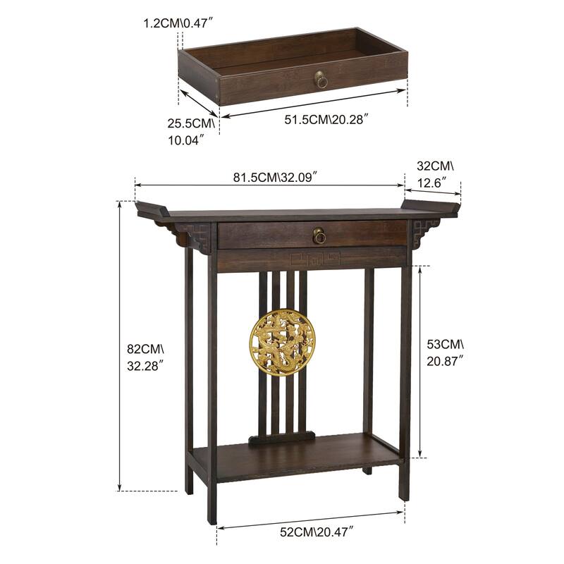 Gold Relief Dragon Totem Brown Console Table Entryway Table with Drawer and Bottom Shelf - 32.09x12.6x32.28''