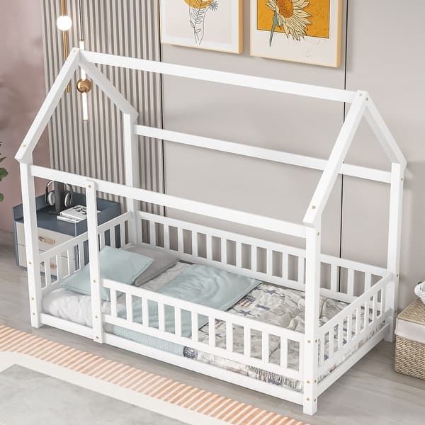 slide 2 of 8, Twin Size Kids Toddler Floor Bed with Fence, House Shaped, White White - Twin