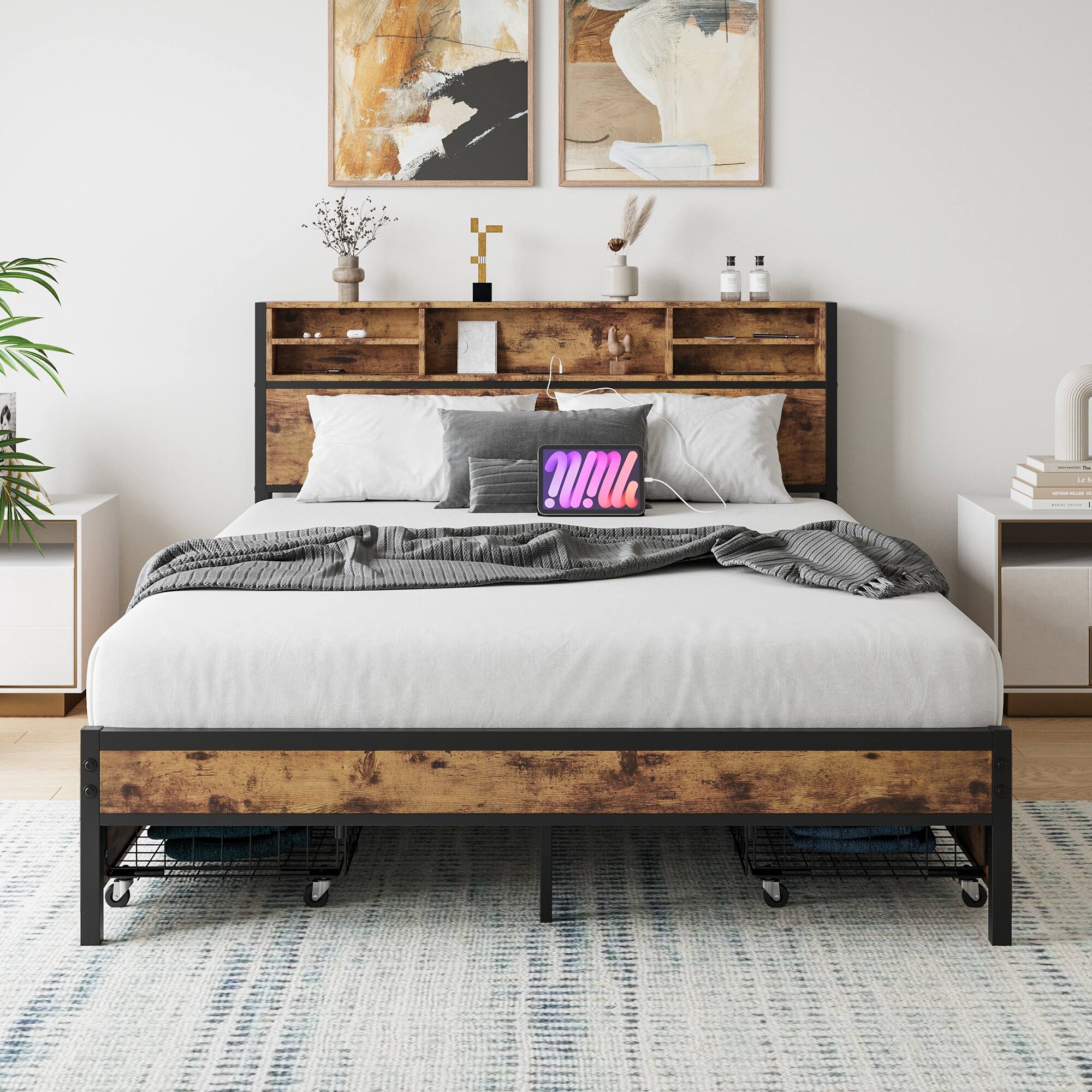 Modern Queen Bed Frame with Storage Headboard and 4 Drawers Charging