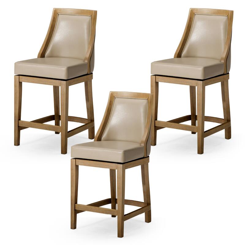Maven Lane Vienna Swivel Kitchen Stool - Set of 3 - Weathered Oak Vegan Leather - Counter Height