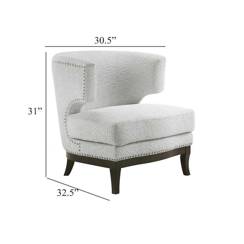 Elly Accent Chair, Barrel Back, Gray Boucle w Nailheads, Brown Wood