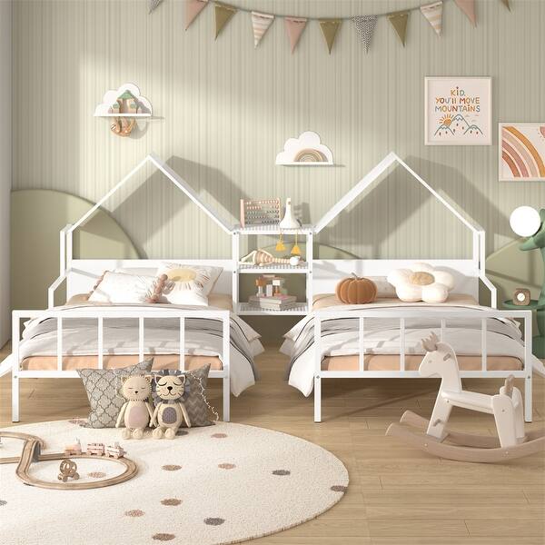 slide 2 of 24, Twin Size Metal Double Platform Bed with Headboard and Nightstand