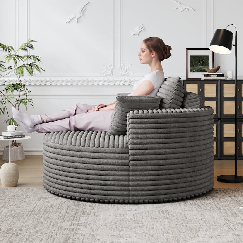 Corduroy Upholstered Single Sofa, Oversized Fluffy Sleeper Chair, Round Reading Chair with Headrest & 2 Pillow