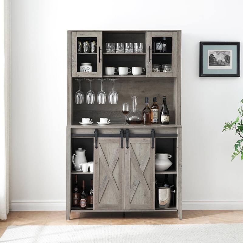 70'' Wine Bar Cabinet with Storage Hutch, Tall Coffee Bar Cabinet with Sliding Barn Doors, Bottle Glasses Rack