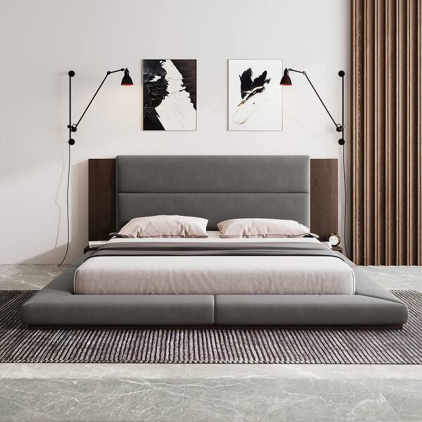 Floor Upholstered Platform Bed with Extended Wood Headboard & Bedside Shelf