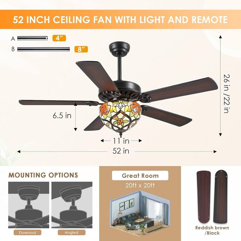 50" TiffanyTropical Ceiling Fan with 5 Palm Leaf Bllades and Vintage Cover Waterproof for Indoor and Outdoor Patio