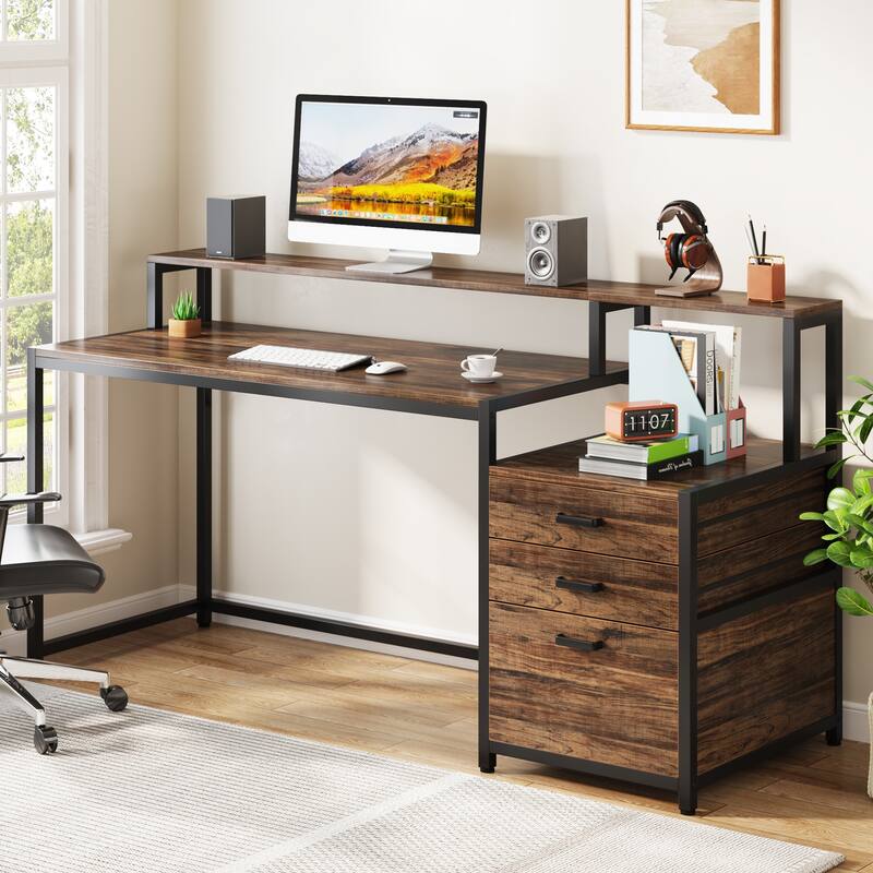 63 Inch Computer Desk with 3 Drawers, Modern Office Table with Monitor Stand and Printer Space for Home Office