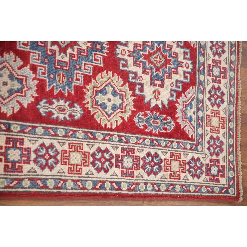 Hand Knotted Oriental 100% Wool Carpet Traditional Geometric Red Kazak Runner Rug - 7' 7'' X 2' 9''