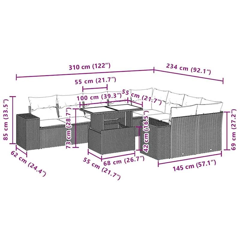 vidaXL Patio Sofa Set with Cushions Table and Couches 10 Piece Poly Rattan - 24.4" x 24.4" x 27.2"