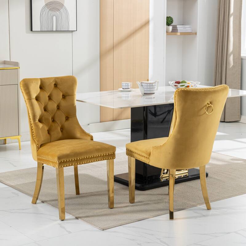 Set of 2 Velvet Dining Chairs with Nailhead Trim and Gold-Plated Legs - Yellow