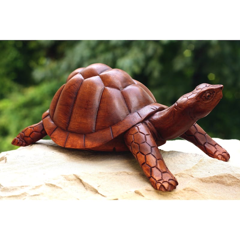 12" Wooden Hand Carved Tortoise Turtle Statue Sculpture Wood Decorative Home Decor Accent Figurine Handcrafted Handmade