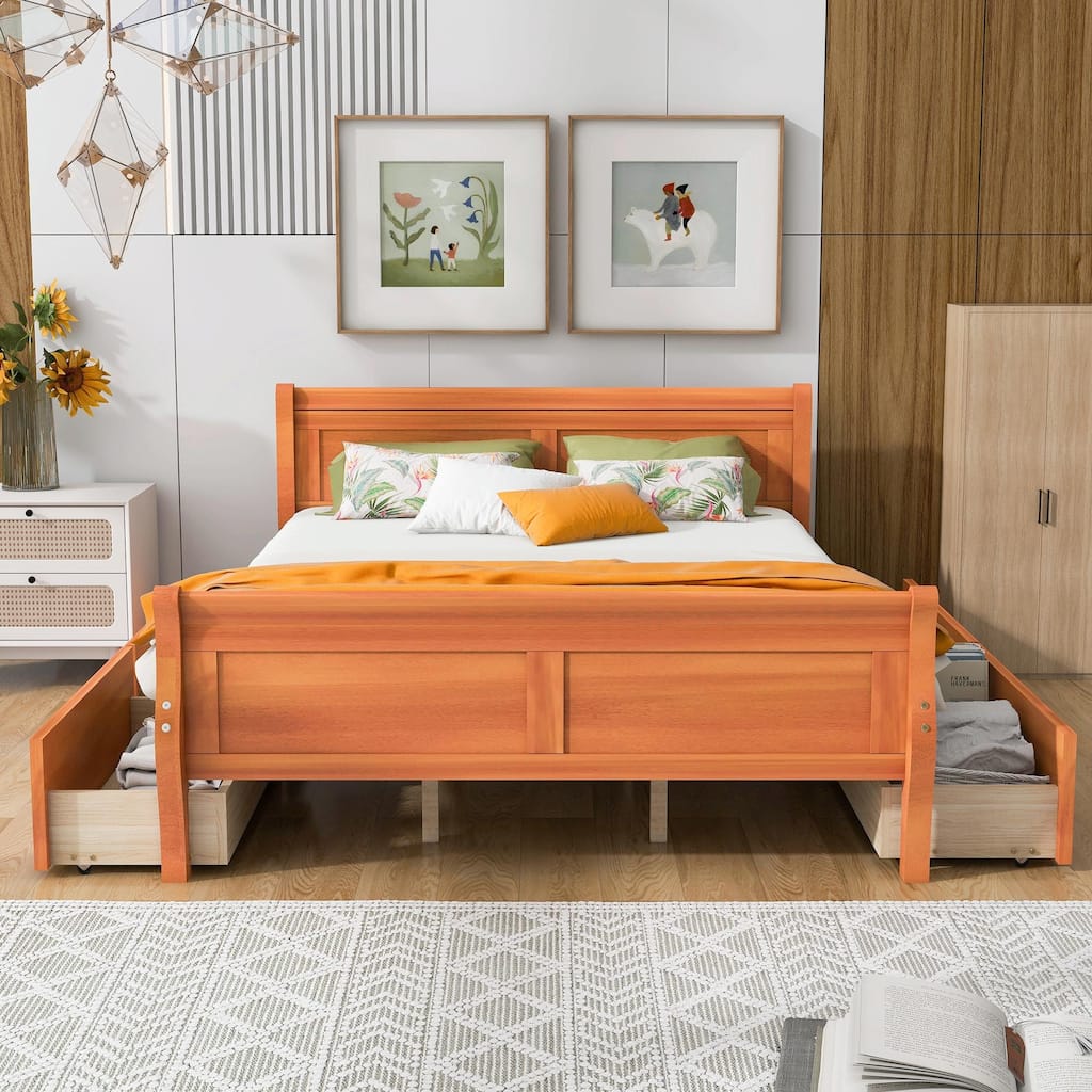 Wood Platform Bed with 4 Drawers and Streamlined Design