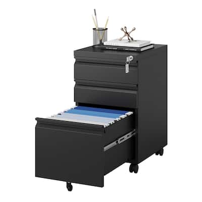 File Cabinet 3 Drawers on Wheels Under Desk, Black Metal Rolling File Cabinets with Lock for Home Office